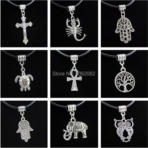 9 styles Tibetan Vintage Silver Lucky Tree/Elephant/Turtle/Owl/Hand of Fatima Khamsah Pendants Ankh Necklace Gift MN481