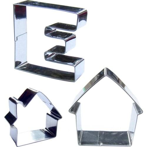 Big E letters, Mini Log cabin, Thatched cottage 3 piece biscuit cutting molds, baking tools, cake decorating soft candy tools