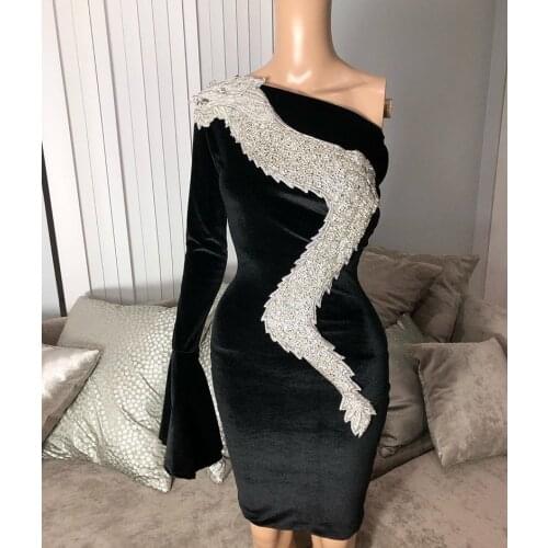 Black Short Prom Dress 2020 One Sleeve Silver Beaded Handwork African Girl Straight Mini Prom Dresses