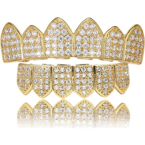Hip Hop Men and Women Gold Teeth Grills Iced Out CZ Vampire Mouth Grill Jewelry Gift For Him