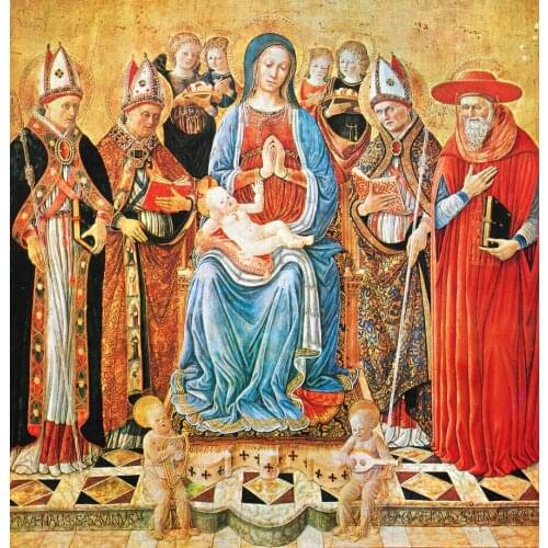 Oil Painting The Virgin Mary And Child Surrounded By Four Saints And Angels