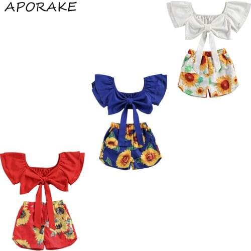 2021 1-6Y Summer Kids Baby Girl Clothes Bow Ruffle Short Sleeve Crop Top+Sunflower Print Shorts Holiday 2pcs Outfits Set