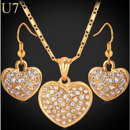 U7 Heart Necklace Set Yellow Gold Color Rhinestone Romantic Necklace Earrings Women Jewelry Set Wholesale S551