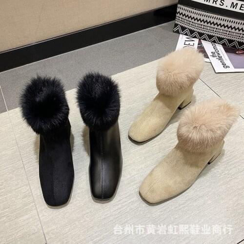 Short boots womens winter 2020 plush new European station square head womens boots frosted thick heel suede high-heeled boots