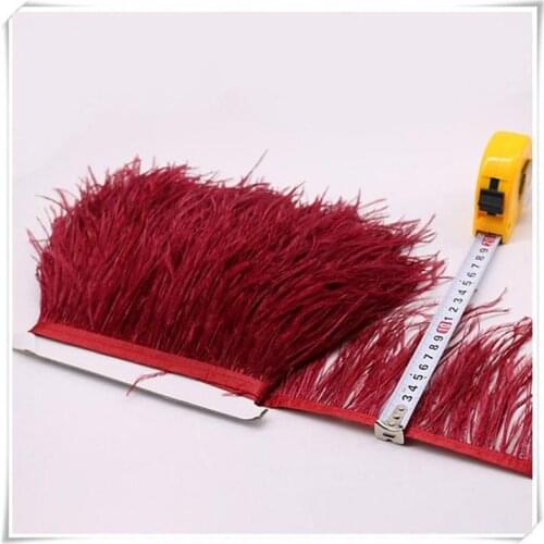 10-15cm wine red Ostrich Feather Trimming Fringe with Satin Ribbon Tape, Costumes Decoration, Ostrich hair feather trim