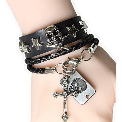 Multilayer Leather Bracelets Skeleton Cross Pendant Cuff Bangles For Women Men Halloween Jewelry Punk Europe Link Chain Gifts