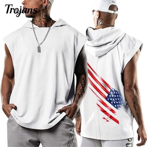 Men Print T-shirt Bodybuilding Muscle Guys Fitness Mens Hooded Tank Top Vest Stringer Sportswear Cotton Sleeveless Shirt Hoodie