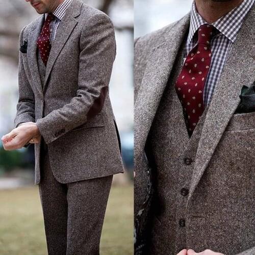 Fashion Brown Tweed Costume Homme Men Suits 3 Pieces Notch Lapel Slim Fit Suits Groom Tuxedos Terno Wedding (Blazer+Pants+Vest)