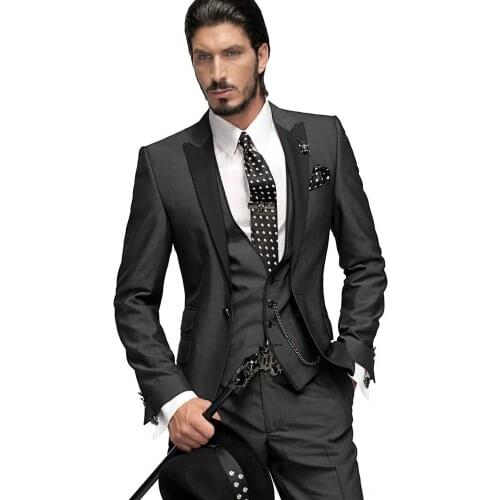 Custom Made Men Suits Charcoal Grey Groom Tuxedos Shawl Black Lapel Groomsmen Wedding Bridegroom ( Jacket+Pants+Vest+Tie ) D190
