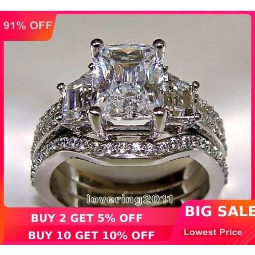 Choucong Princess cut 5ct Stone 5A Zircon stone 10KT White Gold Filled 3-in-1 Engagement Wedding Ring Set Size 5-11 Gift