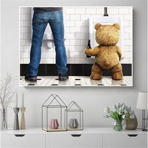 Funny Teddy Bear Man in Toilet Poster Nordic Humor Canvas Painting Minimalist Wall Art Pictures For Bathroom Decor Cuadros