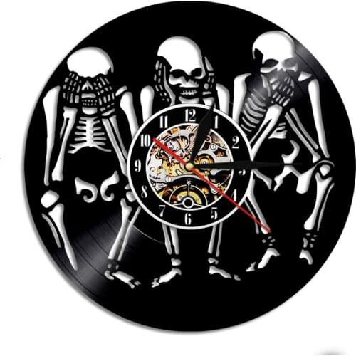 Three Wise Skull Inspired Vinyl Record Wall Clock Hear No Evil See No Evil Speak No Evil Skeleton Silent Clock Halloween Decor