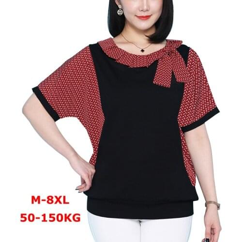 Extra Large Size M-8XL 50-150KG New Summer Tshirt Women Cotton Bat Sleeve High Quality T-shirt Bow O-neck Tshirt Casual Top Tees
