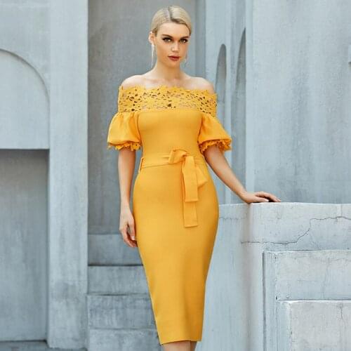 Wholesale Womens Orange Lace Slash Neck Short Sleeve Girdle The Waist Sexy Club Celebrity Cocktail Party Bandage Dress