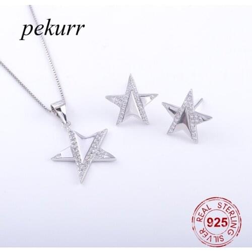 Pekurr 925 Sterling Silver Big Zircon Star Earrings Necklace Sets For Women North Star Pendants Party Jewelry Sets