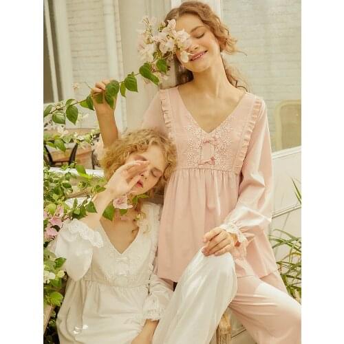 Spring Autumn V-neck Womens Cotton Pajamas Sets Pink/White Color Long Sleeve Vintage Elegant Sleepwear Sweet Pyjamas