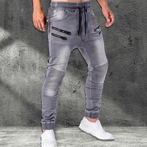 Casual Men Zipper Drawstring Pockets Running Skinny Pants Jeans Jogger Trousers Fashion 2021