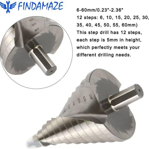 Large Spiral Flute Step Drill HSS Tapered Drill Bit Hole Cutter Stepped Unibit 6-60 Mm 12 Steps Suitable for Aluminum Metal Wood