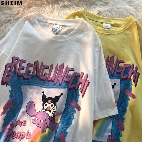Sheining Y2k Traf Za Cartoon Sweet Girls Kuromied White Kawaii Casual Tops Loose Summer Women Streetwear Harajuku T-Shirts
