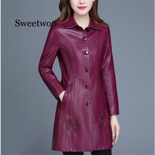 Leather Jacket Women Wine Red Long PU Faux Leather Coat 2020 New Autumn Winter Korean Slim Black XL-6XL Plus Size Clothing
