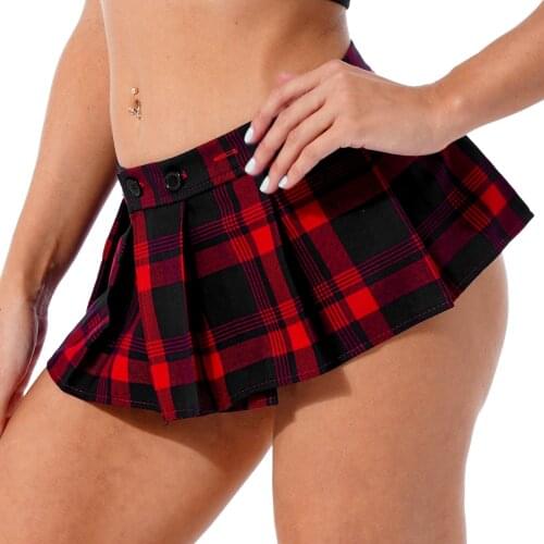 Women Low Waist Pleated Miniskirt Plaid/Solid Exotic Button Waistband Skirt for Nightclub Dance Show Night School Girls Sexy