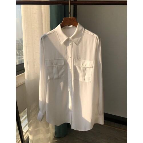 Womens Shirt Utility Pocket 2020 Early Spring New Unisex Double Sand Wash Silk Long Sleeve Shirt Lapel Shirt