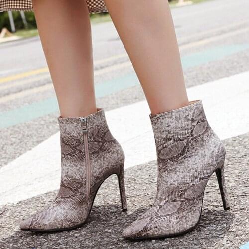 Women Boots Pointed Fashion Boots Sexy Stiletto Snakeskin Pattern High-Heeled Ankle Boot for Woman Casual Free Ship