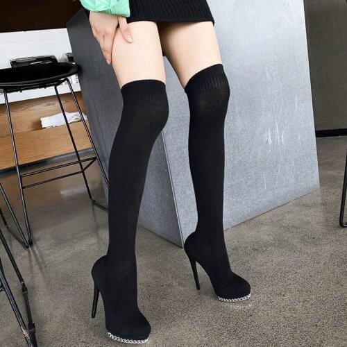 Metal Chain Cotton Socks Boot Tube Variety High Heel Boots Super High Stiletto Thin Boots Knitting Over The Knee Womens Boots