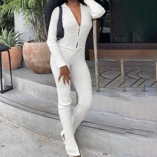 2021 Sexy Skinny Knitted Jumpsuit Women High Street Lady Two Piece Sets Long Sleeve Single Breasted Crop Top And Pants