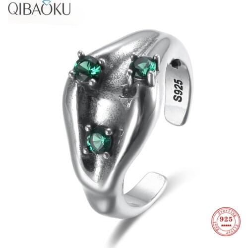 S925 Sterling Silver Opening Rings Green Zircon Oxidized Silver Ring Luxury Fashion Generous Fine Jewelry for Women