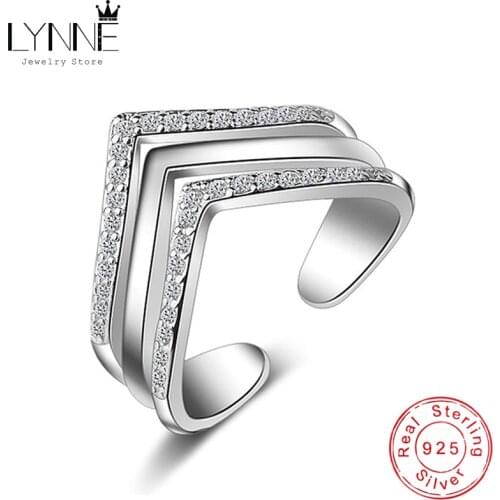 LYNNE Jewelry Fine Personality 925 Sterling Silver Multilayer AAA Zircon Rings Resizable V Shape CZ Rock Ring Women Fashion Gift