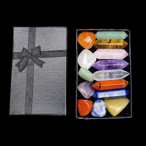 14Pcs Polished Natural Crystal Stone w/ Gift Box Quartz Obsidian Fluorite Labradorite Feng Shui Good Luck Yoga Energy Ornament