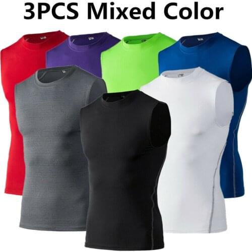 3pcs Mens Vest Bodybuilding Sleeveless Compression Base Layer Shirts Fitness Running Jogger Football Basketball Sports Tank Top