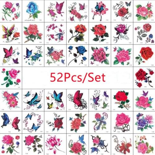 52pcs Temporary Tattoo on the Body Woman Waterproof Temporary Tattoos Fake Tattoo Sticker Sexy Rose Flower