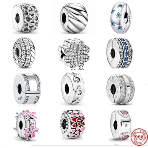 925 Silver Clover Stone Cilp Positioning Buckle Charm Fit Pandora Original Bracelet Charms Beads For Women DIY Jewelry