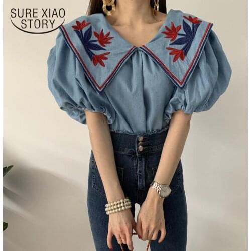 Vintage Ethnic Style Flower Embroidey Blouses Women 2021 Autumn New Hot Lantern Sleeve Loose Denim Shirt Femme Tops Blusas 15433