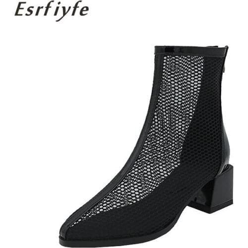 ESRFIYFE 2021 New Large Size 46 Net Boots Women Ladies See Through Mesh Summer Ankle Boots Woman Female High Heels Shoes Zipper