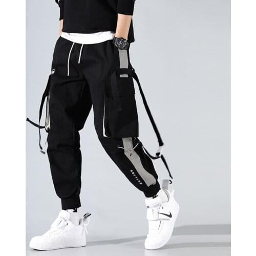 Fashion Streetwear Cargo Pants Men Joggers Pants Sweatpants Male Harajuku Ribbon Pocket Design Trousers Elastic Waist HG142