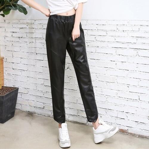 Soft Sheepskin Real Pants Women Black Slim Genuine Leather Trousers Elastic Waist Harem Pencil Pant Ladies Streetwear