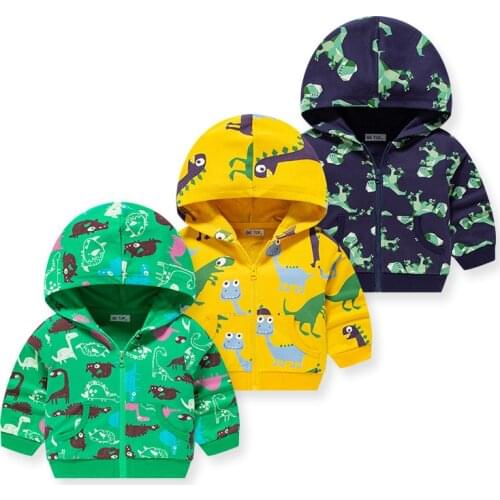 27kids Autumn Newborn Baby Boy Jacket Cute Dinosaur Coat Cartoon Cotton Trench Clothes Tops Hooded Windbreaker Outerwe 2-9Years