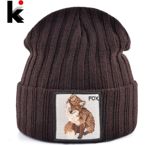 Fashion Skullies Beanies With Fox Embroidery Patch Winter Warm Knitted Hats Women Double Layer Knitting Bonnet Cap Men Solid Hat