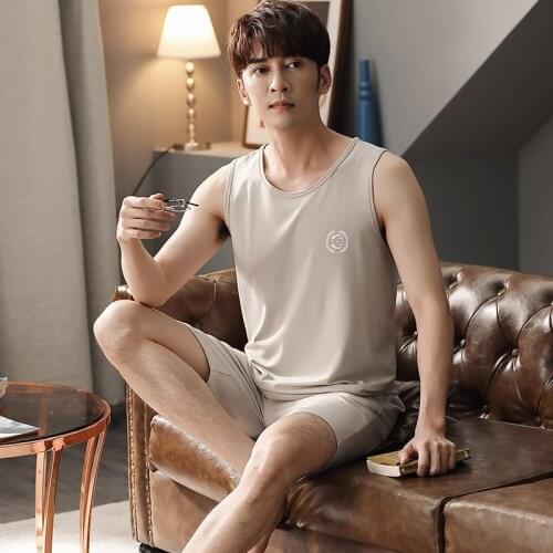 Male Pajamas Summer modal Sleeveless Vest Home Costumes Plus Size 2-Piece Set Sleepwear Homewear Soft Thin O-Neck Nightgown 2021