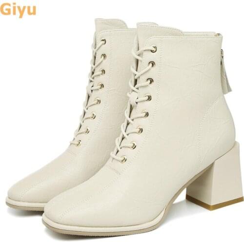 Giyu 2020 autumn new ankle boots Brand fashion boots High heel lace up Martin boot Womens thick heel boots Motorcycle shoes