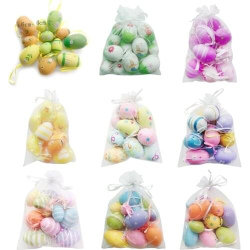 12 Pcs/Bag Plastic Easter Eggs Painted DIY Crafts Artificial Ornaments Kids Home Hanging Pendants Party Decor
