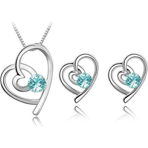 Girlfriend gifts Austrian crystal silver plated heart pendant jewelry sets for wedding