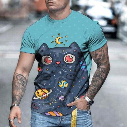 Casual streetwear fashion t-shirt mens short sleeve loose t-shirt cat 3D printing slim round neck pullover and men