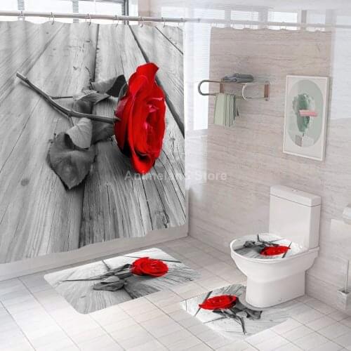 Romantic Red Rose Shower Curtains Flower Bathroom Curtain Bath Sets Toilet Cover Mat Non-Slip Washroom Rug Set Modern 180x180cm