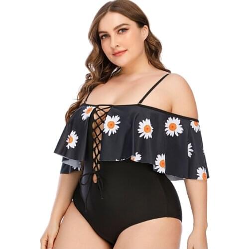 SEASELFIE Plus Size Sexy Black Floral One Piece Swimsuit Women Large Size Monokini Bathing Suit 2021 Beach Swimwear