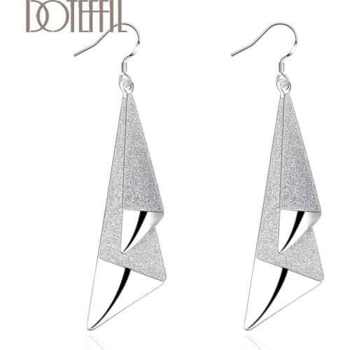 DOTEFFIL 925 Sterling Silver Frosted Long Geometric Drop Earrings Charm Women Jewelry Fashion Wedding Engagement Party Gift