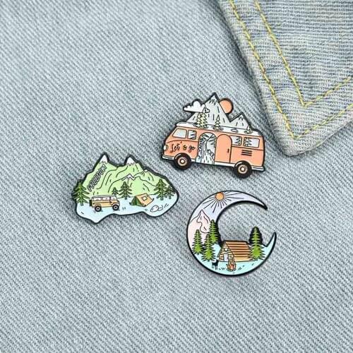 Travel Mountain Moon Car Alloy Brooch Bag Clothes Backpack Lapel Enamel Pin Badges Jewelry Gift For Friends Women Accessories